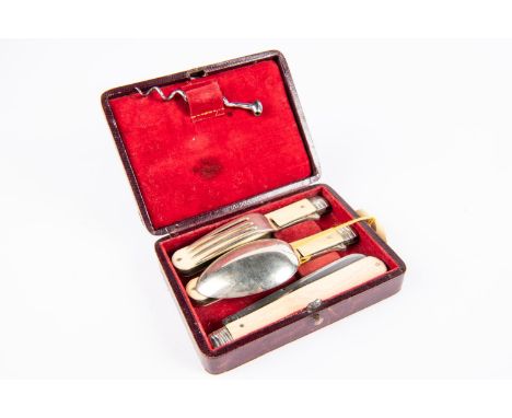 A good officer's 3 piece campaign cutlery set, comprising folding knife, fork and spoon, of nickel silver with ivorine grips;