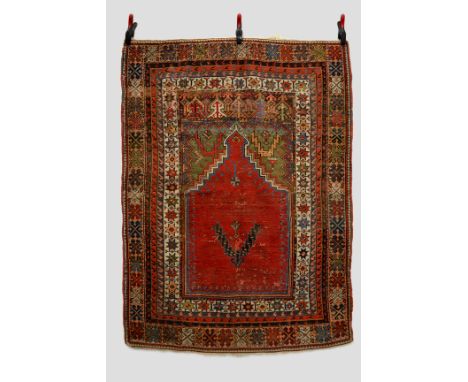 Attractive Mucur prayer rug, central Anatolia, late 18th/early 19th century, 5ft. 6in. x 4ft. 1in. 1.68m. x 1.25m. Overall we