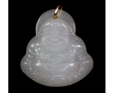 A carved mutton fat jade pendant depicting the Happy Buddha, L. 3.2cm.