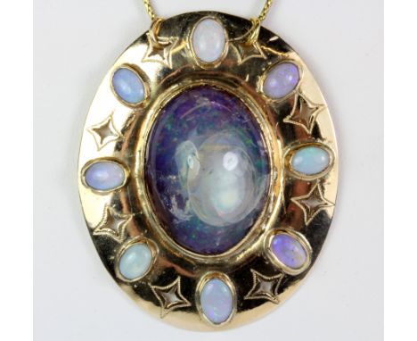 An impressive 14ct yellow gold (stamped 14k)  opal set pendant and chain, signed J. Torres, L. 6cm.