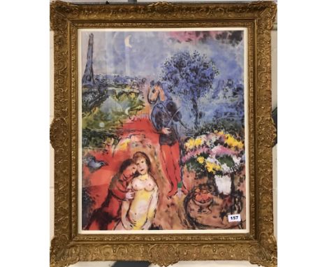 Marc Chagall, a large gilt framed polychrome print. 70 x 80 cms.