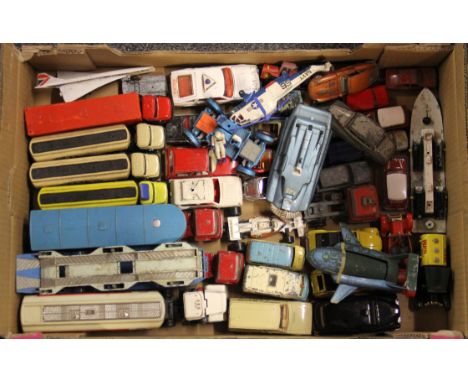 A box of vintage Corgi and Dinky diecast toys.