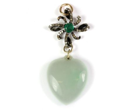 A yellow and white metal diamond, emerald and jade set pendant, L. 4cm.