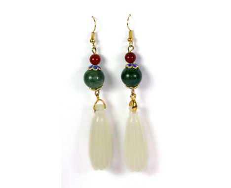 A lovely pair of yellow metal mounted jade and enamel drop earrings, L. 9cm.