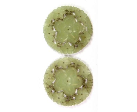 A pair of 19th century Chinese carved nephrite jade hair ornaments, Dia 5.2cms