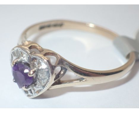 9ct gold heart shaped amethyst and diamond ring size N/O