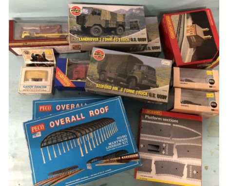 Peco and Hornby OO gauge accessories and Airfix kits with Oxford Diecast buses and a Bachmann gandy dancer all boxed