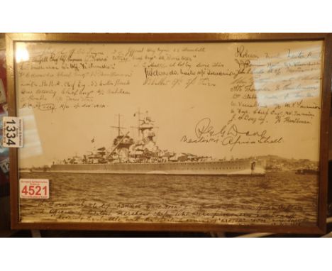 Printed picture of German battleship Admiral Graf Spee with signatures of Captain and Crew   CONDITION REPORT:  It is a photo
