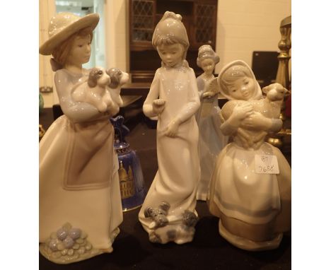 Three Nao figurines Girl with Puppies Girl with Lamb Girl with Dog at feet Asian figurines A/F and ceramic bowl