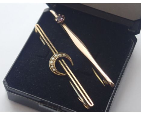 Two 9ct gold bar brooches one set with amethyst the other crescent set with seed pearls