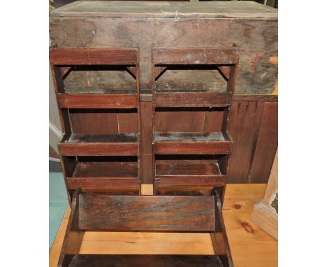 A Victorian pine toolbox, together with a pair of miniature shelves and a book trough.