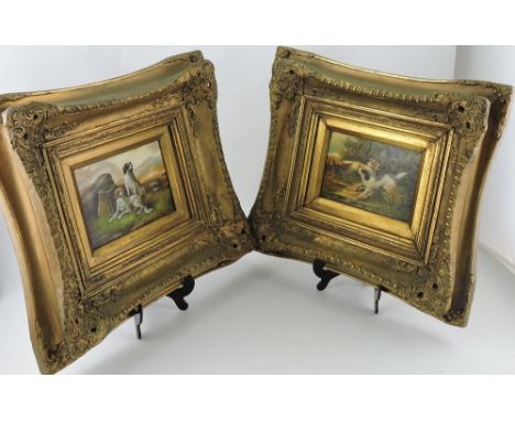 20th century continental school, Hunting Dogs beside a Creel, oil on board, 11 x 16cm, together with another hunting scene, (