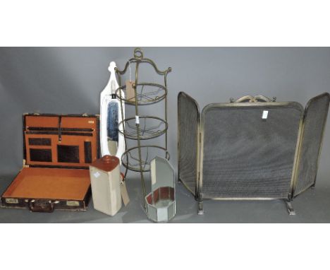 A brown leather crocodile effect attaché case, together with a fire guard, brass three tier cake stand, a stoneware hot water