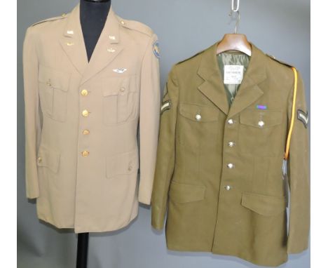 A US Airforce khaki blazer together with a British Army blazer, a Russian naval cap and another military cap, (4)