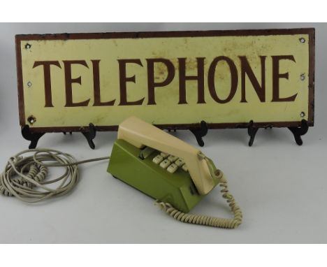 A British Telecomm 8766 model Trimphone, beige and avocado, with a pull button dial; together with an brown and cream enamell