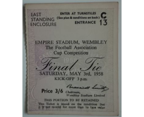 Rare ticket for the 1958 FA Cup Final, good condition with just slight marks to rear only.