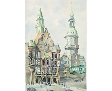 Unbekannter Künstler, 20. Jh.Das Georgentor in Dresden mit benachbartem Hausmannsturm. Aquarell, 1947. Unten rechts in Blei s