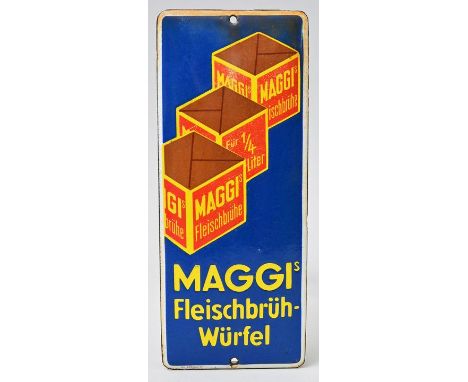 Emailleschild "Maggi", 1920erSchild mit Emailleaufschmelzung, polychrom, mit Aufschrift "Maggis Fleischwürfel", mittig jeweil