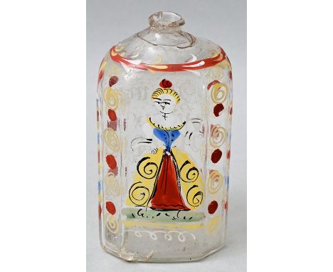 Flasche, deutsch, 18. Jh.Farbloses Glas mit unverschliffenem Abriss. Oktogonaler Gefäßkörper mit eingezogenen Kanten, in farb