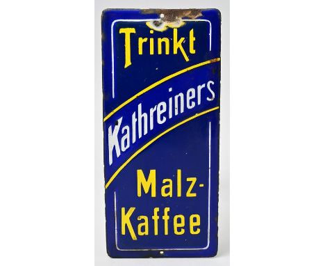 Emailleschild "Kathreiners Malz-Kaffee", 1920erSchild mit Emailleaufschmelzung, polychrom, mit Aufschrift "Trinkt Kathreiners