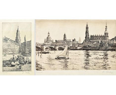 Jahn, Georg (1869 Meissen - 1940 Dresden-Loschwitz)Blumenfrau auf dem Altmarkt in Dresden / Dresden - Panorama am Fluss. Radi