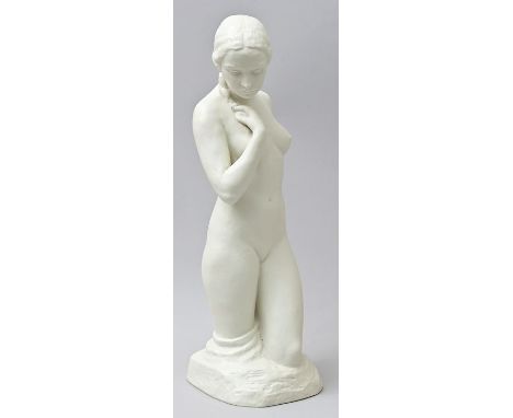 Sinnende, Selb, Rosenthal, um 1945.Modell Rudolf Kaesbach 1936. Porzellan, Weiblicher Akt als Kniestück. Felssockel rücks. si