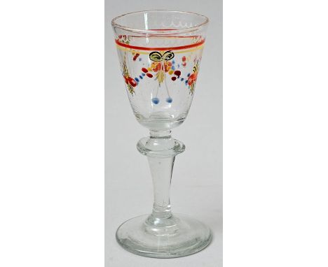 Kleines Kelchglas, Thüringen (?), E. 18./ Anf. 19. Jh.Farbloses Glas , Balusterschaft mit aufgeschmolzenem Faden, Kuppa in Op