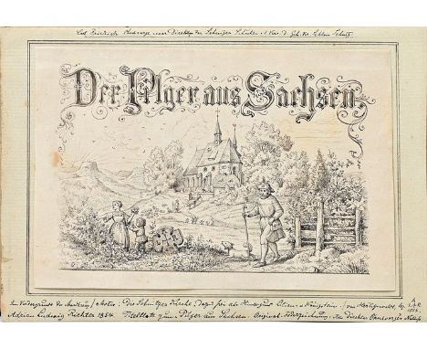 Richter, Ludwig Adrian (Dresden 1803 - 1884)"Der Pilger aus Sachsen". Tuschezeichnung mit Blei, 1854. Im Wegkreuz monogrammie