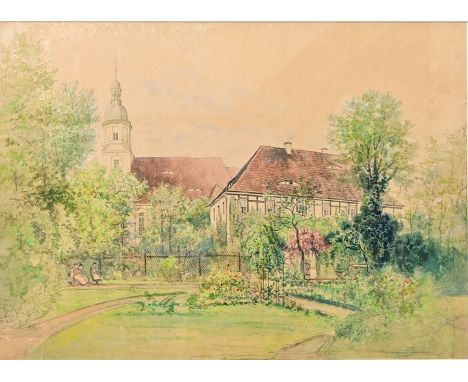 Schneider, Otto Ludwig. 1858 Dresden-1911.Kirche und Pfarrhaus mit Pfarrgarten, Dresden Weixdorf (?), Aquarell über Bleistift