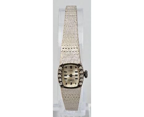 Damenarmbanduhr EUFA, Enzberger Uhrenfabrik Willy Schack, ca. 1970.Gehäuse und Armband (gebürstet) Weißgold (585), Gehäuse be