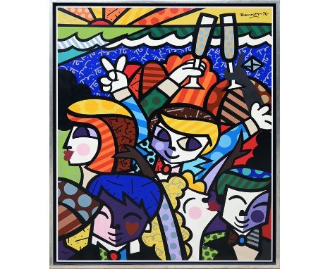 Britto, Romero (1963 Recife -  lebt in Brasilien)"Celebration" (Festlichkeit). Siebdruck (?) oder Pochoir-Druck auf Leinwand,