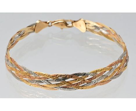Armband, 20. Jh.Gold 9 k (375), geschmeidiges Geflecht multicolor, Karabinerschließe, L. 18,5 cm, G. ca. 5,1 g. Gold (9 k) br
