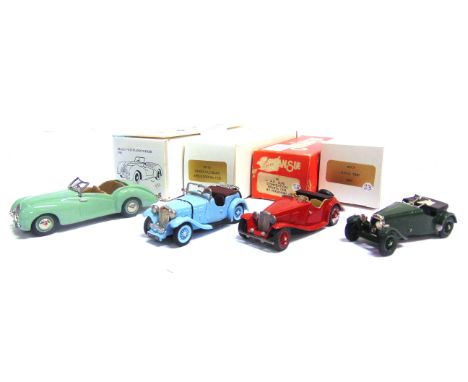 [WHITE METAL]. FOUR 1/43 SCALE MODEL CARS  comprising a TW Collection No.95, kit-built 1948 Healey Westland Tourer, pale gree