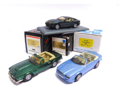 [WHITE METAL]. THREE 1/43 SCALE MODEL CARS  comprising a Western Models No.WP109Z, 1983 Aston Martin Volante, metallic green,