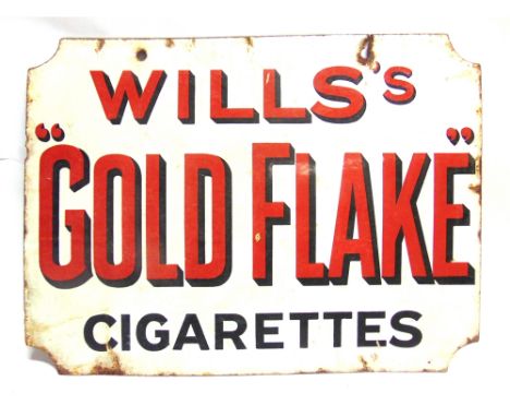 A WILLS'S GOLD FLAKE CIGARETTES DOUBLE-SIDED ENAMEL SIGN  with shaded red and plain black lettering against a white ground, a
