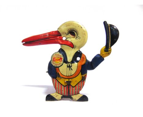 A GELY [GERMANY] TINPLATE TOY STORK  with a manual press-plate action causing the bird to raise his hat, roll his eye, and op