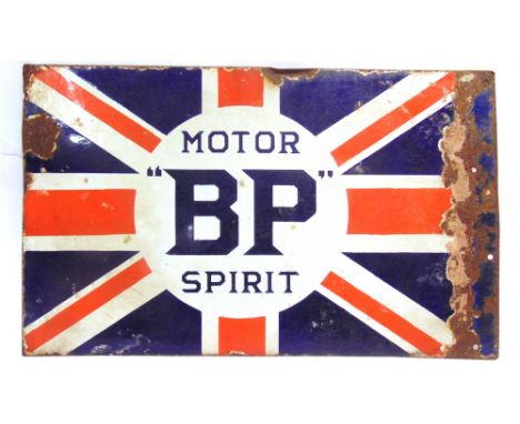 A B.P. MOTOR SPIRIT DOUBLE-SIDED ENAMEL SIGN  with blue lettering against a red, white and blue Union Flag ground, by Imperia