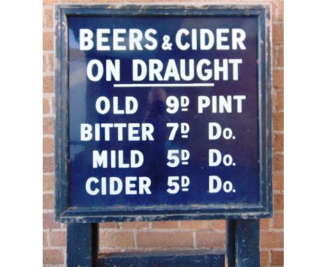 A BEER &amp; CIDER PUBLIC HOUSE TARIFF ENAMEL SIGN  with white lettering against a dark blue ground, 58.5cm x 58.5cm, mounted