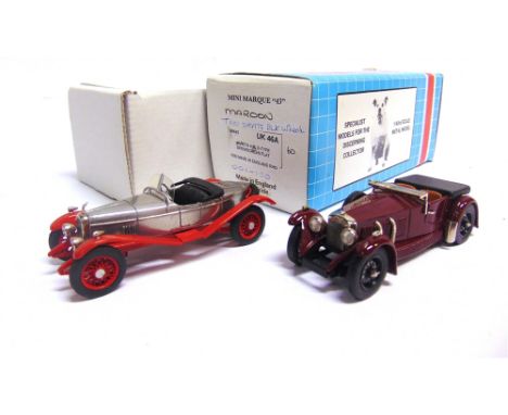 [WHITE METAL]. TWO 1/43 SCALE MODEL CARS  comprising a K. &amp; R. Replicas, 1926 Alvis 12/50 'duck-back', polished bare meta