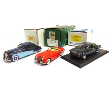 [WHITE METAL]. THREE 1/43 SCALE MODEL CARS  comprising a Gems &amp; Cobwebs No.GC28TT, 1957 Jaguar Mk 8, two-tone blue, mint,