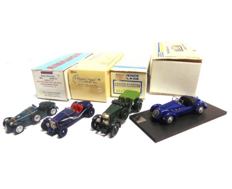 [WHITE METAL]. FOUR 1/43 SCALE MODEL CARS  comprising a Minimarque '43' No.GRB18, Healey Silverstone, blue, limited edition 5