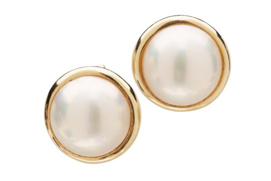 A Pair Of Mabe Pearl Earrings Each Claw Set With Single A Pair Of Mabe Pearl Earrings Each Claw Set With Single In Plain Yellow Metal Moun