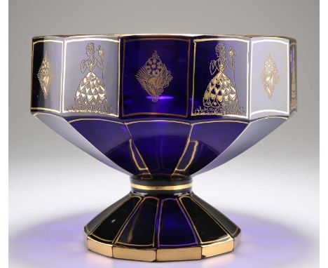 A BOHEMIAN BLUE AND GILT GLASS PEDESTAL BOWL, CIRCA 1875 the top with fourteen panels with gilt figures and motifs, supported