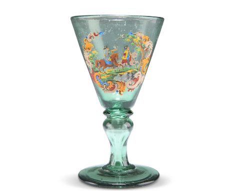 A 19TH CENTURY BOHEMIAN GREEN GLASS WINE the funnel bowl decorated in enamels with a Historismus hunting scene in the manner 