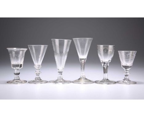 A GROUP OF SIX 18TH CENTURY DRINKING GLASSES Various sizesRibbon and swag decorated glass (pictured end right) with chip to r