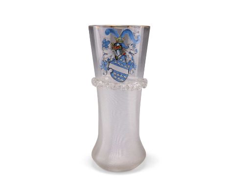 A GERMAN ARMORIAL DRINKING GLASS, CIRCA 1865 probably by Fritz Heckert, enamel painted with a coat of arms, the lower body wi