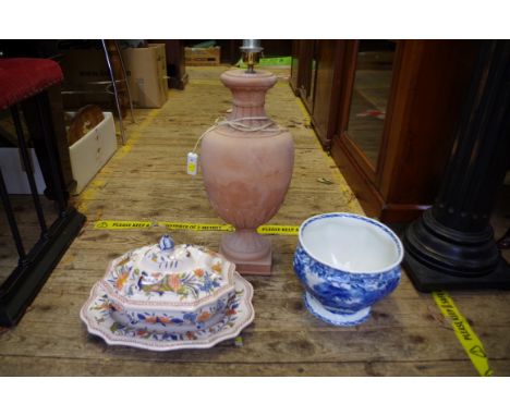 A classical style terracotta table lamp; together with a French faience tureen, cover and stand; and a Booths &amp; Co blue a