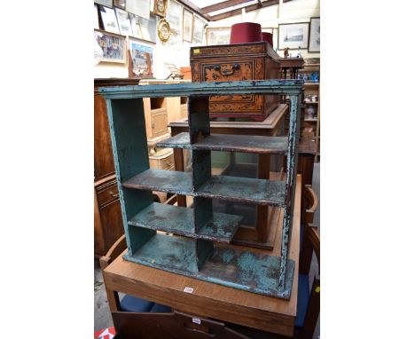 An old distressed painted pine open display shelf, 68.5cm wide. 