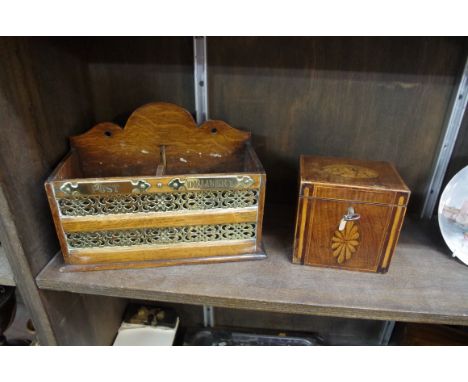 A small late 18th century mahogany and inlaid tea caddy,&nbsp;12.5cm wide, with key; together with a Victorian oak and brass 