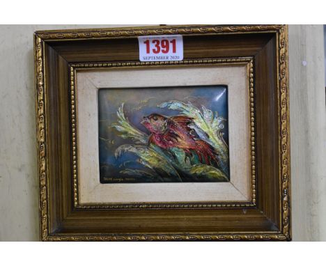 Camille Faurre,&nbsp;a Limoges enamel plaque of a fish, signed, labelled verso, 7 x 9.5cm.&nbsp; 